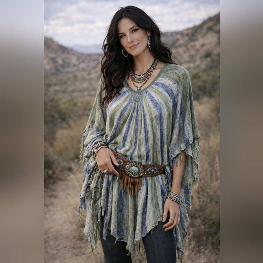 INDAH Striped Blue and Green Poncho Shal .Hand Knit.one Size
